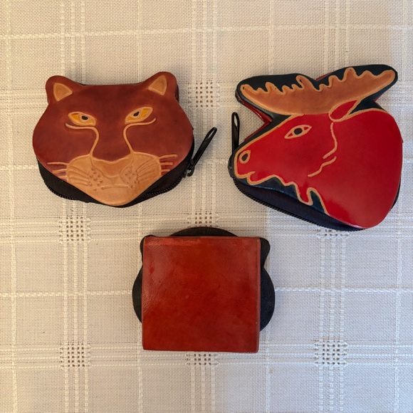 Lot of 3 Vintage BC Animal Face 3"x3" Coin Purse Genuine Leather - Picture 2 of 4